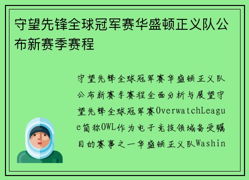 守望先锋全球冠军赛华盛顿正义队公布新赛季赛程