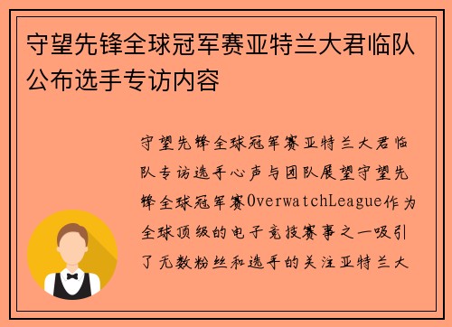 守望先锋全球冠军赛亚特兰大君临队公布选手专访内容